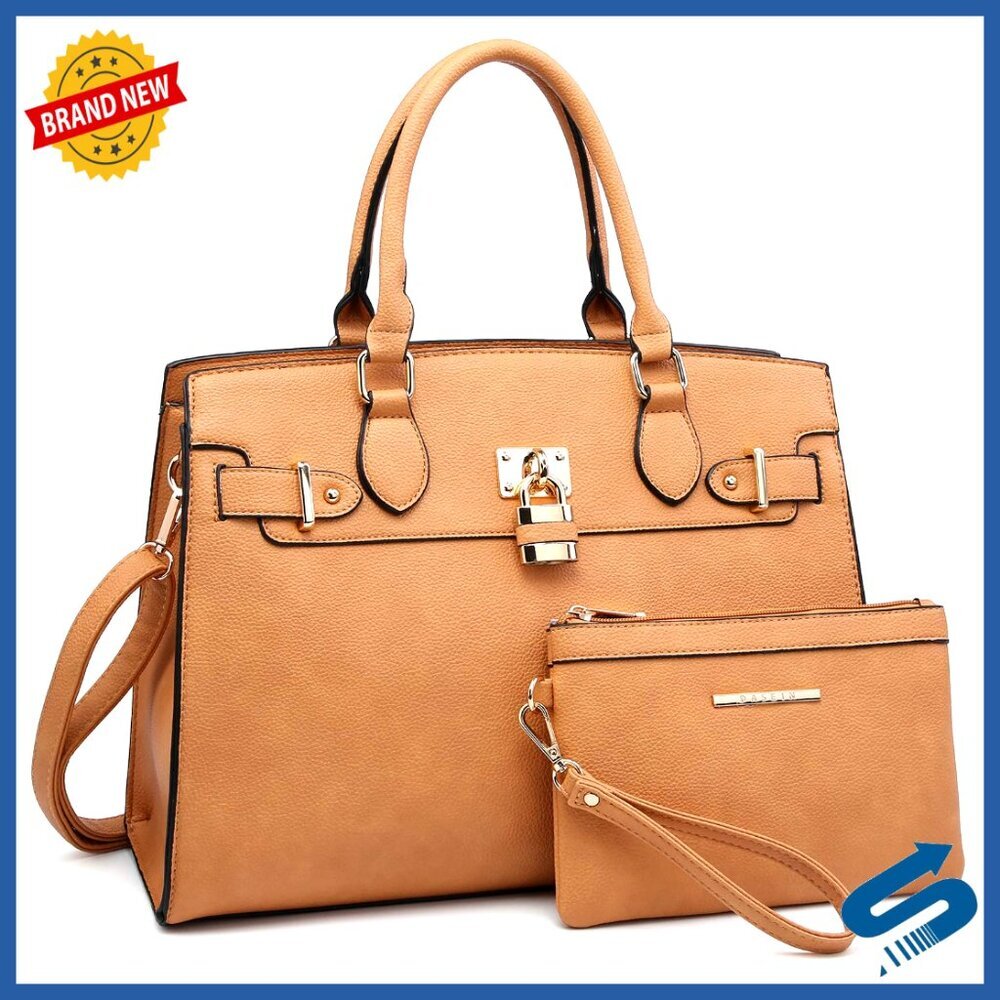 Vegan Leather Tote with Clutch, 13.5" Work Bag for Women